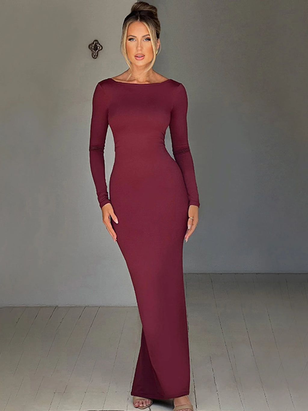 Dulzura O-Neck Long Sleeves Ruched Backless Maxi Dress Solid Sexy Elegant Long Dress Women’S Party Prom Clubwear Autumn Winter
