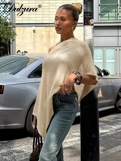 Dulzura Summer Latest Fashion Sexy Inclined Shoulder Slim Irregular Woolen Cardigan Top Solid Elegant Party Club Street Clothes