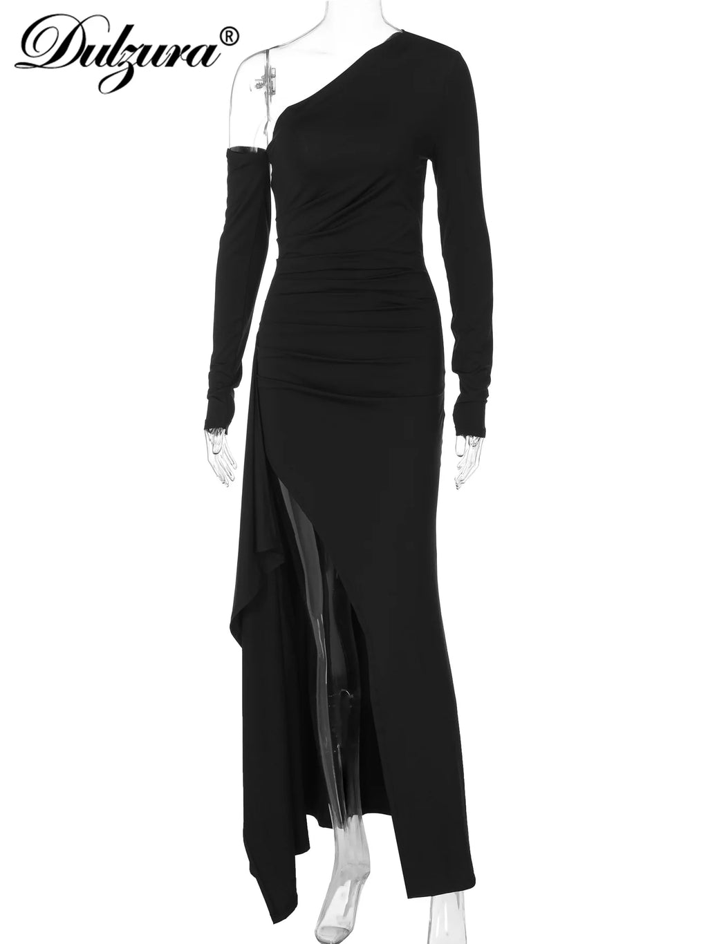 Dulzura Ladies Skew Collar Long Sleeve Slim Ruched Side Slit Maxi Dress Solid Sexy Elegant Dress Party Club Street Summer Outfit