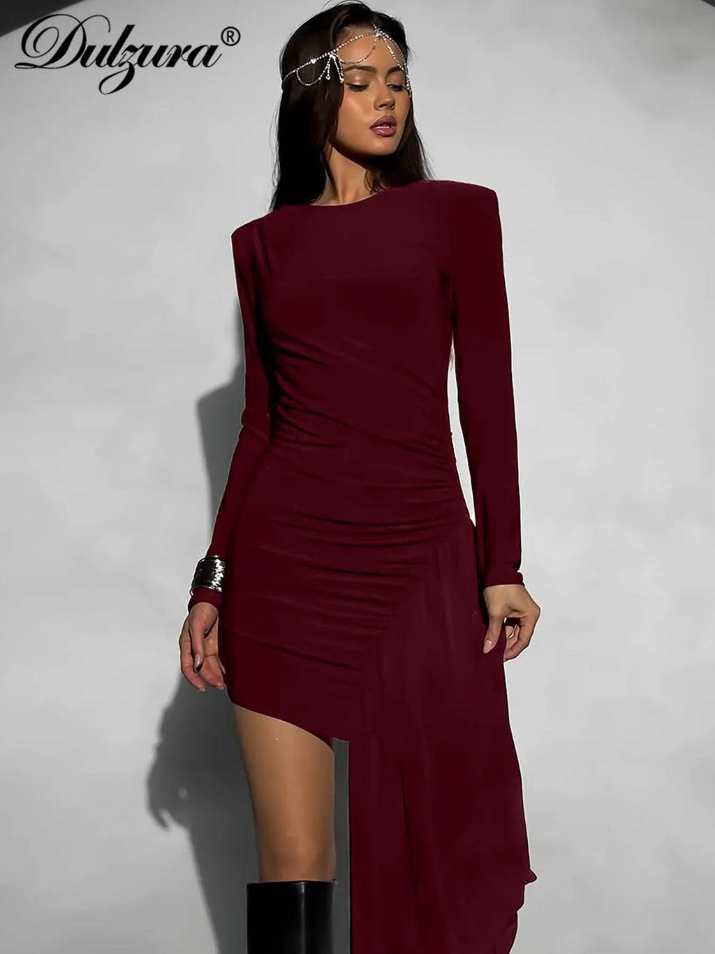 Dulzura O-Neck Long Sleeve Ruched Slim Fit Ribbon Mini Dress Ladies Fashion Sexy Elegant Clothes Party Club Street Autumn Outfit