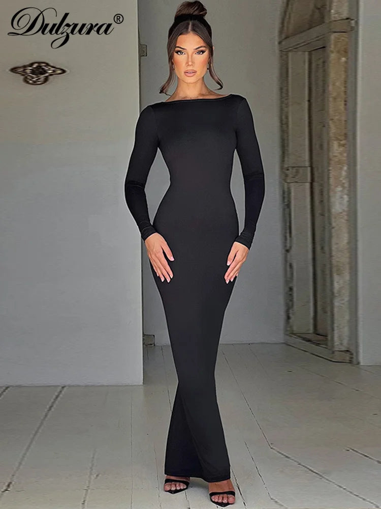 Dulzura O-Neck Long Sleeves Ruched Backless Maxi Dress Solid Sexy Elegant Long Dress Women’S Party Prom Clubwear Autumn Winter