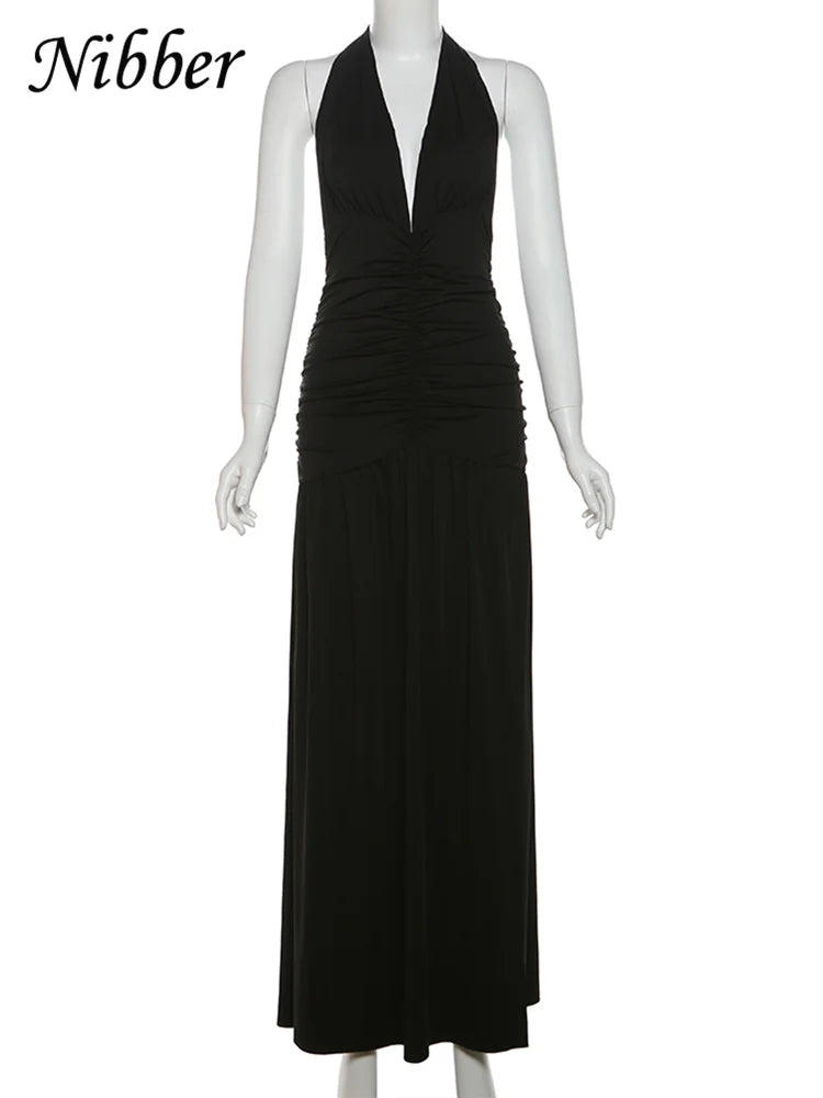 Nibber Elegant Women Long Dresses Solid Hipster Halter V-neck Backless Shirring Side Split Vestidos Female High Street New Robe