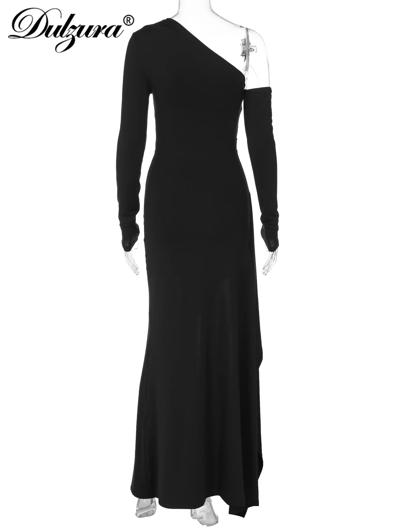 Dulzura Ladies Skew Collar Long Sleeve Slim Ruched Side Slit Maxi Dress Solid Sexy Elegant Dress Party Club Street Summer Outfit