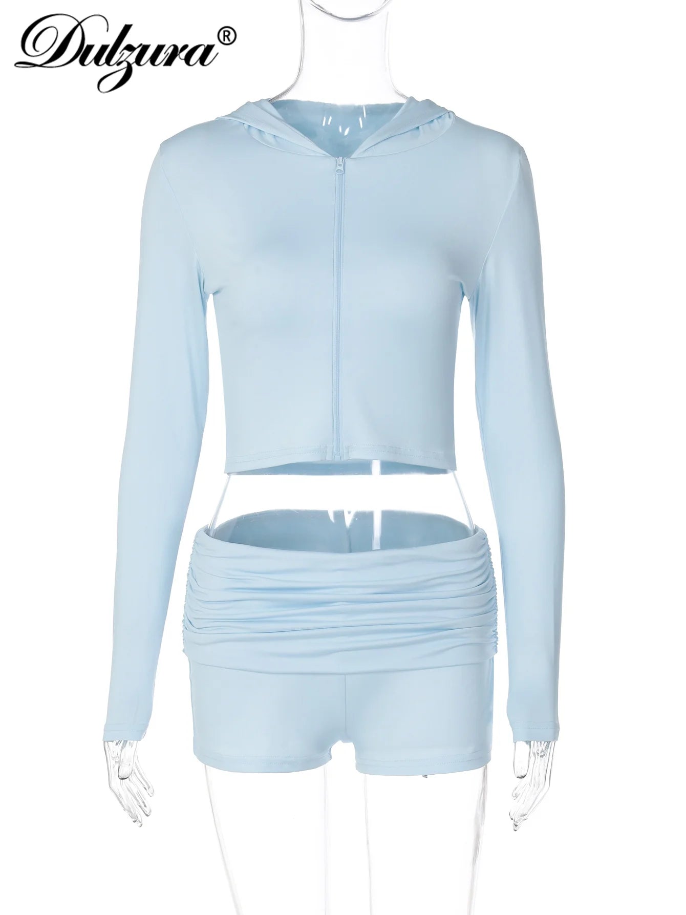 Dulzura Fashion Casual 2 Piece Shorts Set Long Sleeve Hooded Cardigan Ruched Ruched Slim Fit Pants Matching Set Party Sportswear