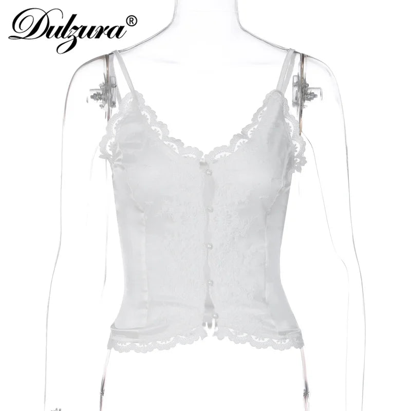 Dulzura Women’S Sleeveless Lace Slim Crop Camisole With Button Solid Sexy Casual Top Party Club Streetwear Autumn Winter Clothes