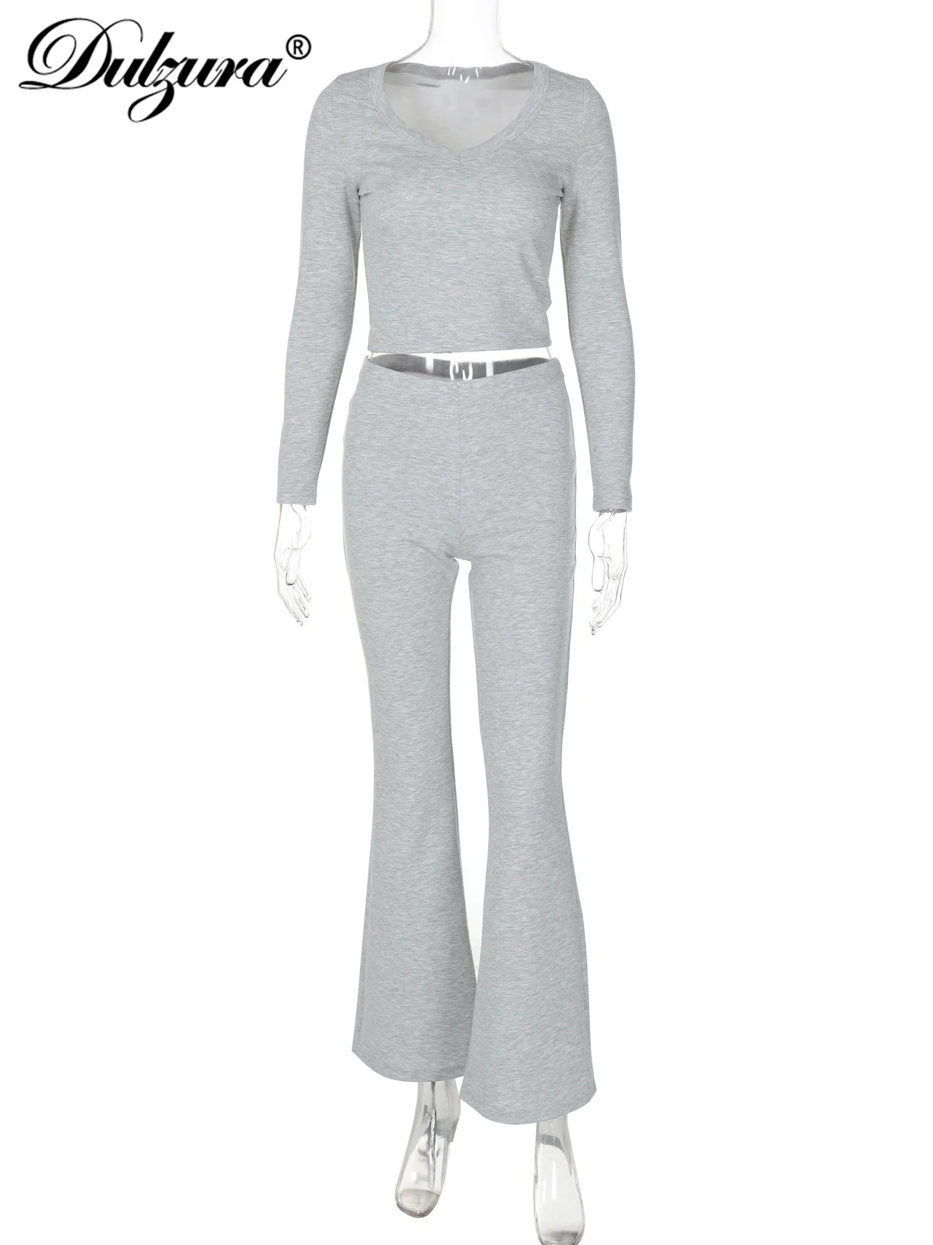 Dulzura Women’S Solid Casual 2 Piece Pants Set O-Neck Long Sleeve Crop Top And Flare Pants Matching Set Streetwear Autumn Winter