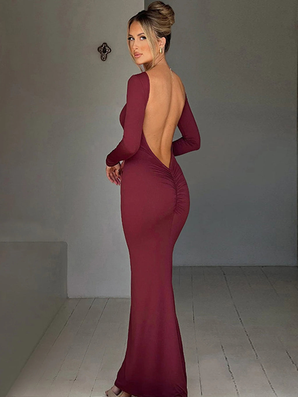 Dulzura O-Neck Long Sleeves Ruched Backless Maxi Dress Solid Sexy Elegant Long Dress Women’S Party Prom Clubwear Autumn Winter