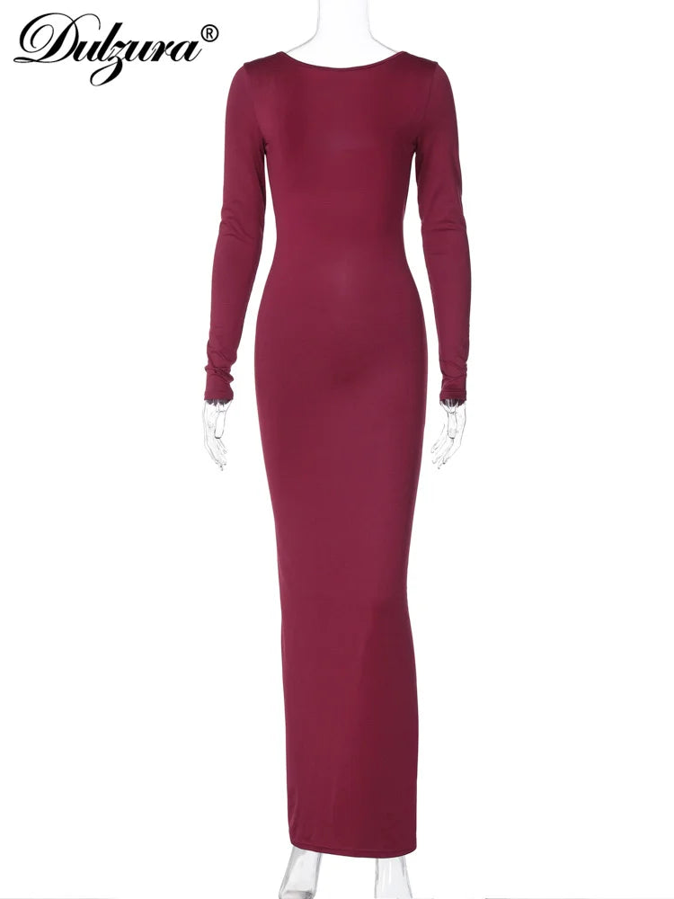 Dulzura O-Neck Long Sleeves Ruched Backless Maxi Dress Solid Sexy Elegant Long Dress Women’S Party Prom Clubwear Autumn Winter