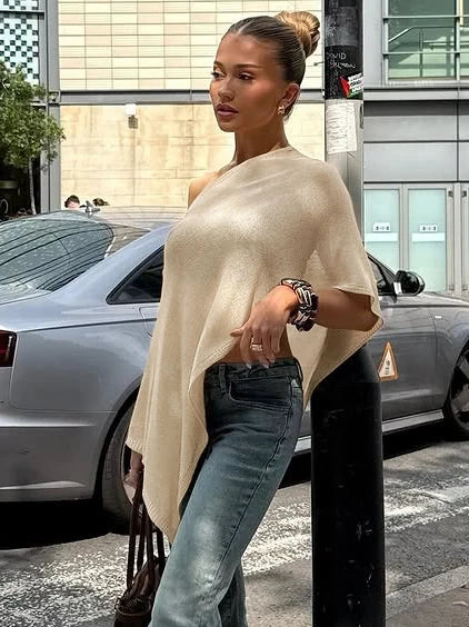 Dulzura Summer Latest Fashion Sexy Inclined Shoulder Slim Irregular Woolen Cardigan Top Solid Elegant Party Club Street Clothes