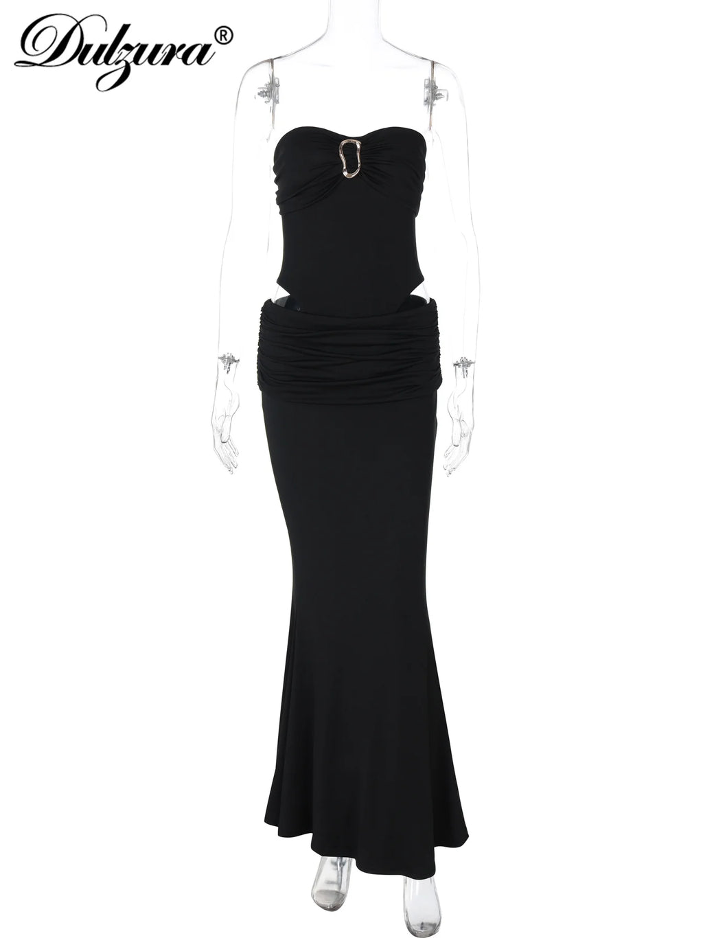 Dulzura Fashion Sexy Elegant 2 Piece Ruched Skirt Set Chest Wrapping Backless Bodysuit Slim Long Skirt Matching Set Party Club