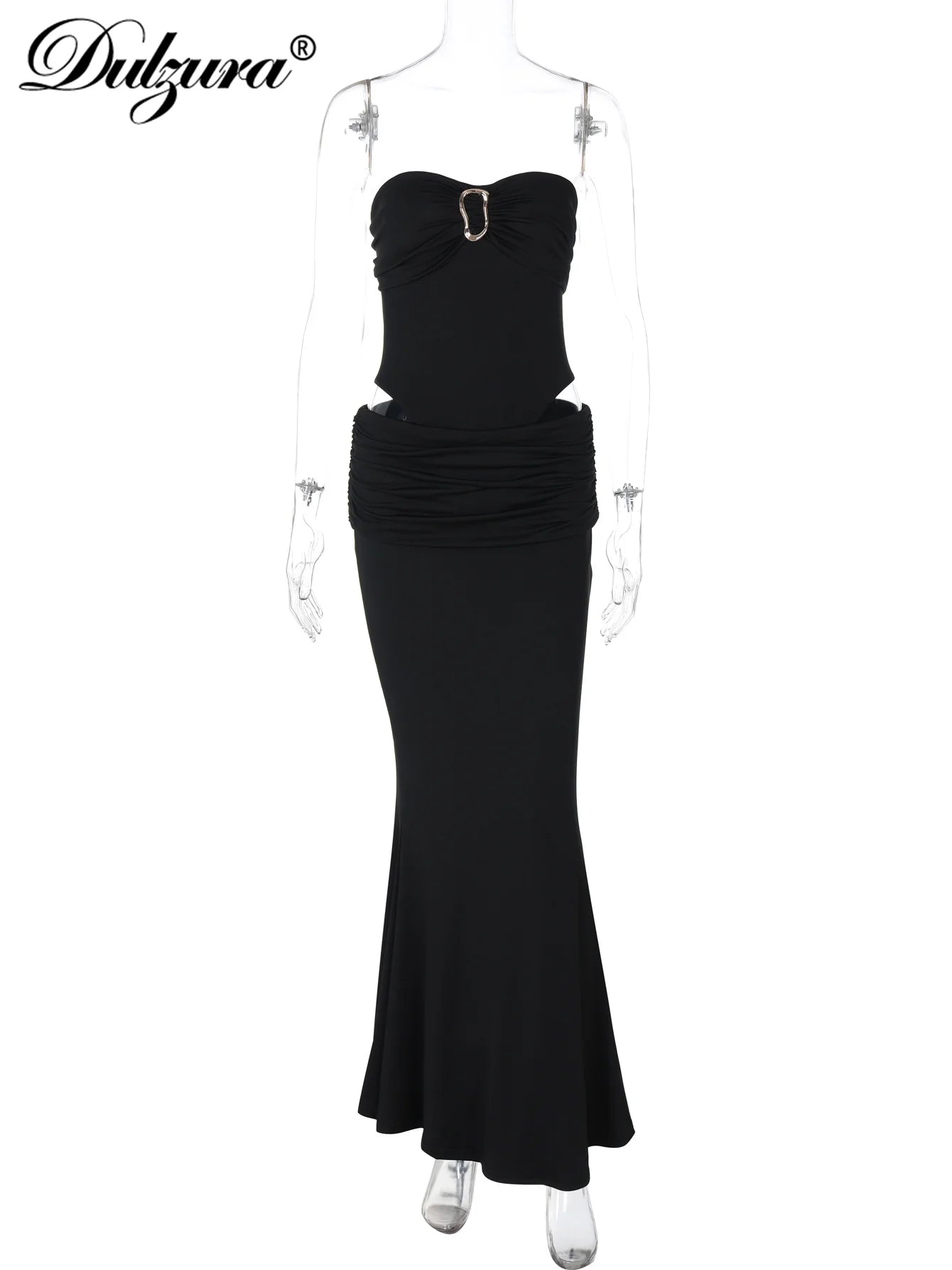 Dulzura Fashion Sexy Elegant 2 Piece Ruched Skirt Set Chest Wrapping Backless Bodysuit Slim Long Skirt Matching Set Party Club