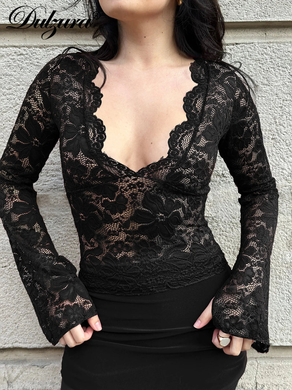 Dulzura V-Neck Long Sleeve Slim Lace See Through Ruffles T-Shirt Women'S Fashion Sexy Elegant Y2K Top Party Club Summer Clothes