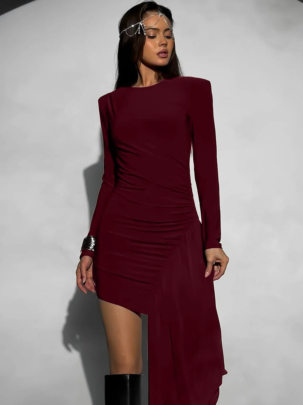 Dulzura O-Neck Long Sleeve Ruched Slim Fit Ribbon Mini Dress Ladies Fashion Sexy Elegant Clothes Party Club Street Autumn Outfit