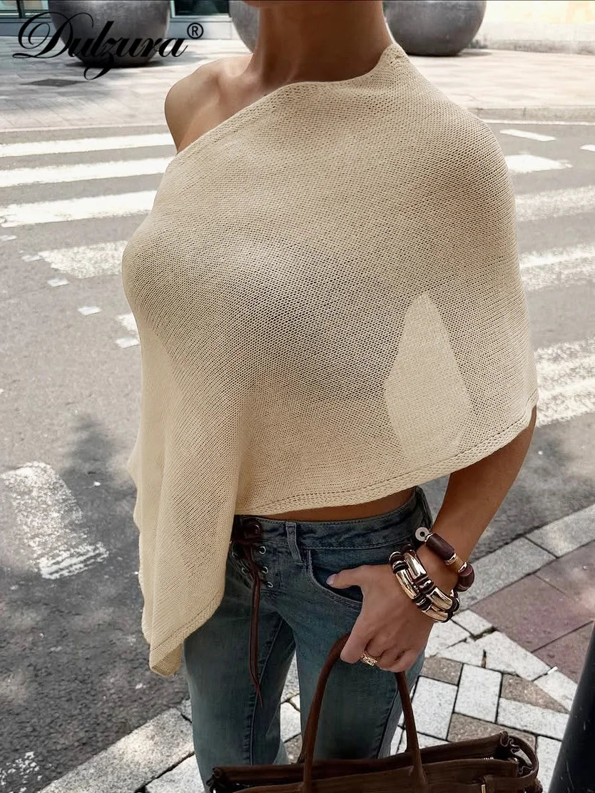 Dulzura Summer Latest Fashion Sexy Inclined Shoulder Slim Irregular Woolen Cardigan Top Solid Elegant Party Club Street Clothes