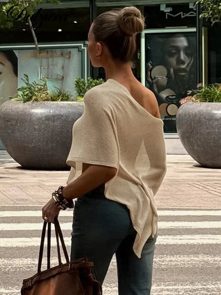 Dulzura Summer Latest Fashion Sexy Inclined Shoulder Slim Irregular Woolen Cardigan Top Solid Elegant Party Club Street Clothes