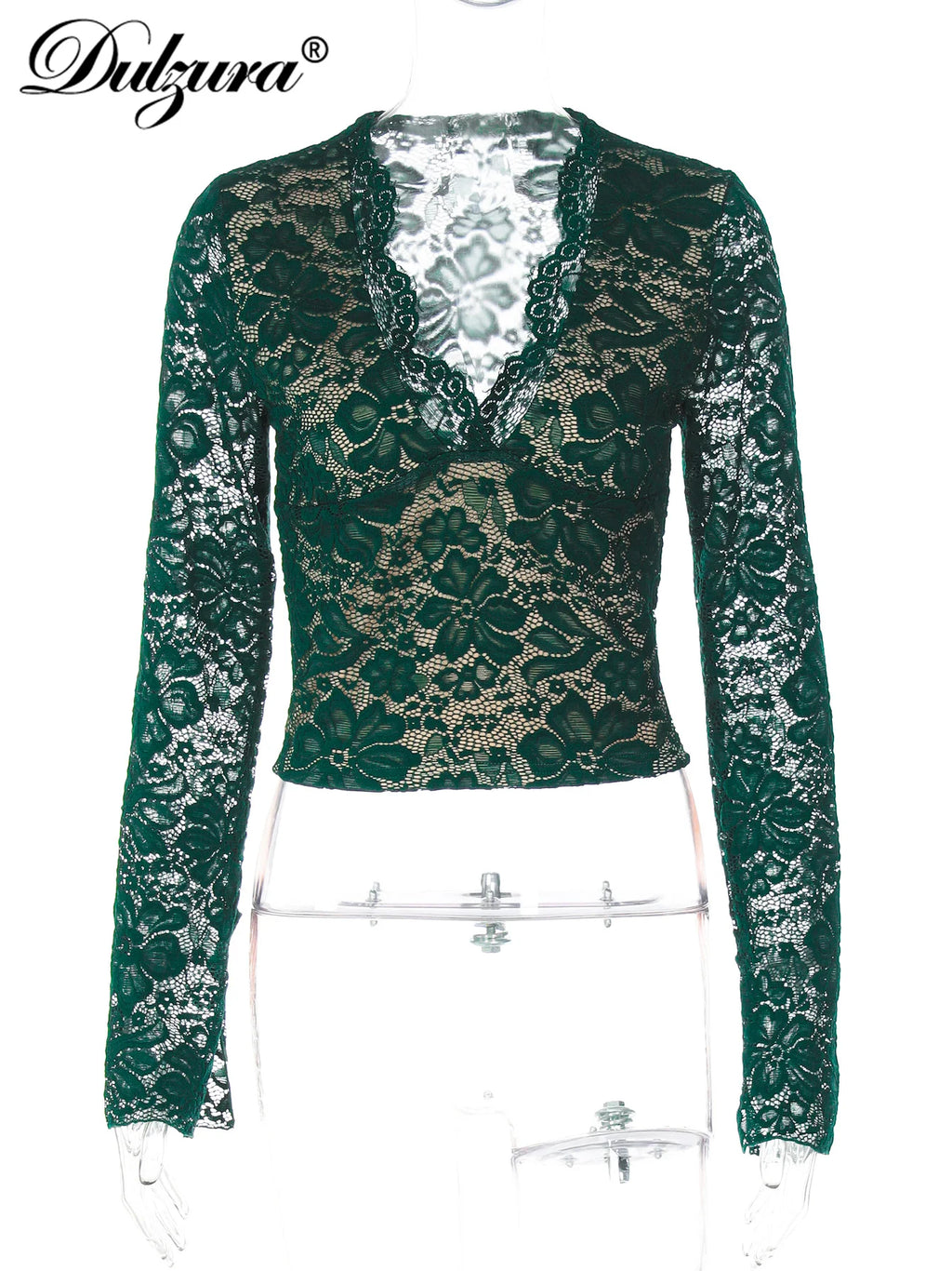 Dulzura V-Neck Long Sleeve Slim Lace See Through Ruffles T-Shirt Women'S Fashion Sexy Elegant Y2K Top Party Club Summer Clothes