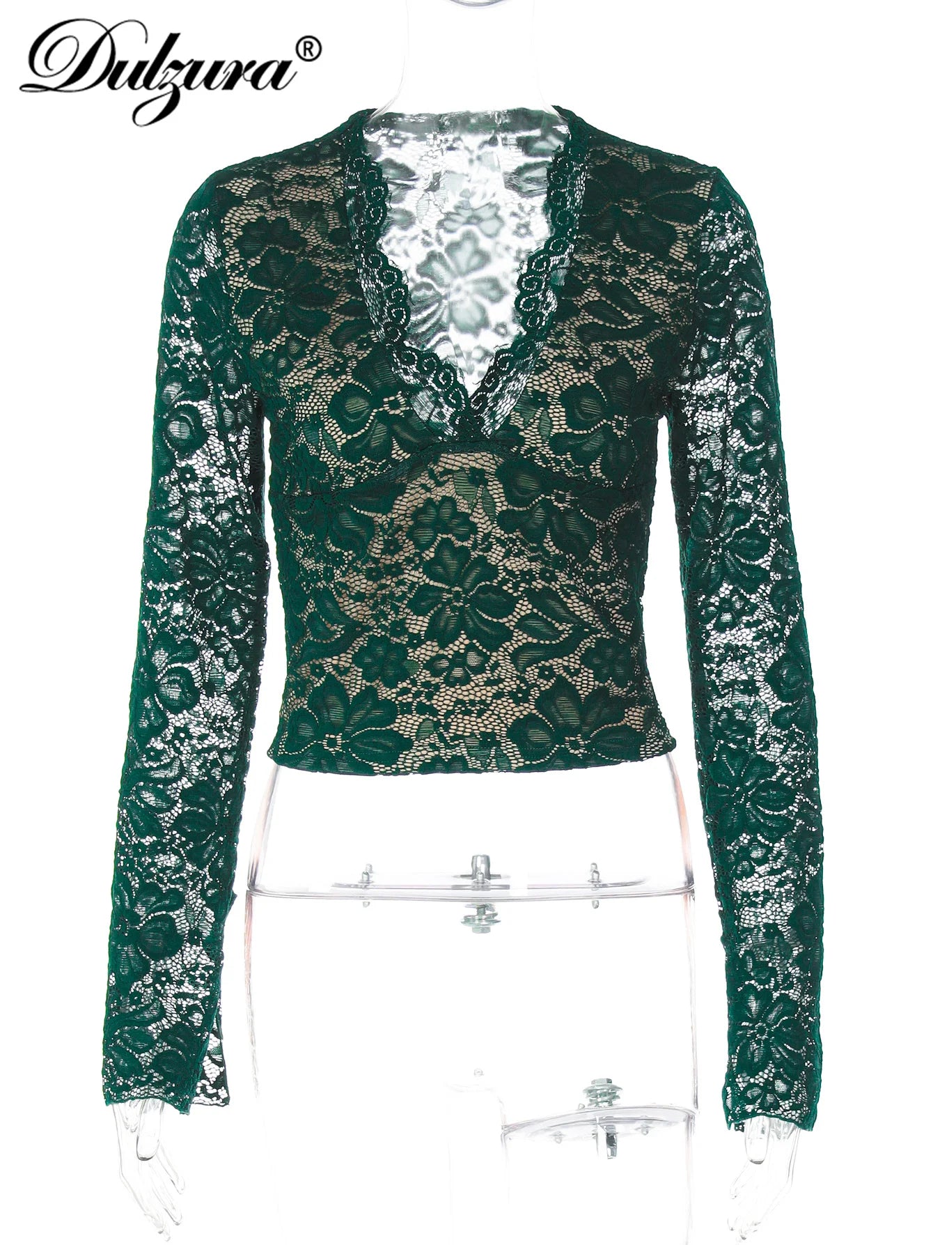 Dulzura V-Neck Long Sleeve Slim Lace See Through Ruffles T-Shirt Women'S Fashion Sexy Elegant Y2K Top Party Club Summer Clothes