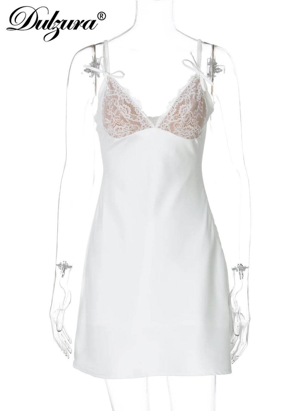 Dulzura 2025 Summer Latest Sexy Elegant V-Neck Backless Slim Fit Lace Ruffles Patchwork Suspender Mini Dress Party Club Clothes