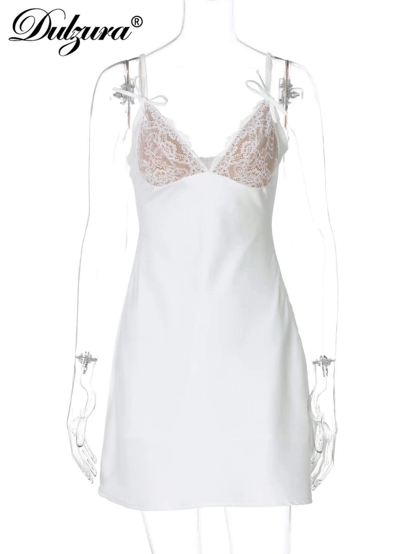 Dulzura 2025 Summer Latest Sexy Elegant V-Neck Backless Slim Fit Lace Ruffles Patchwork Suspender Mini Dress Party Club Clothes