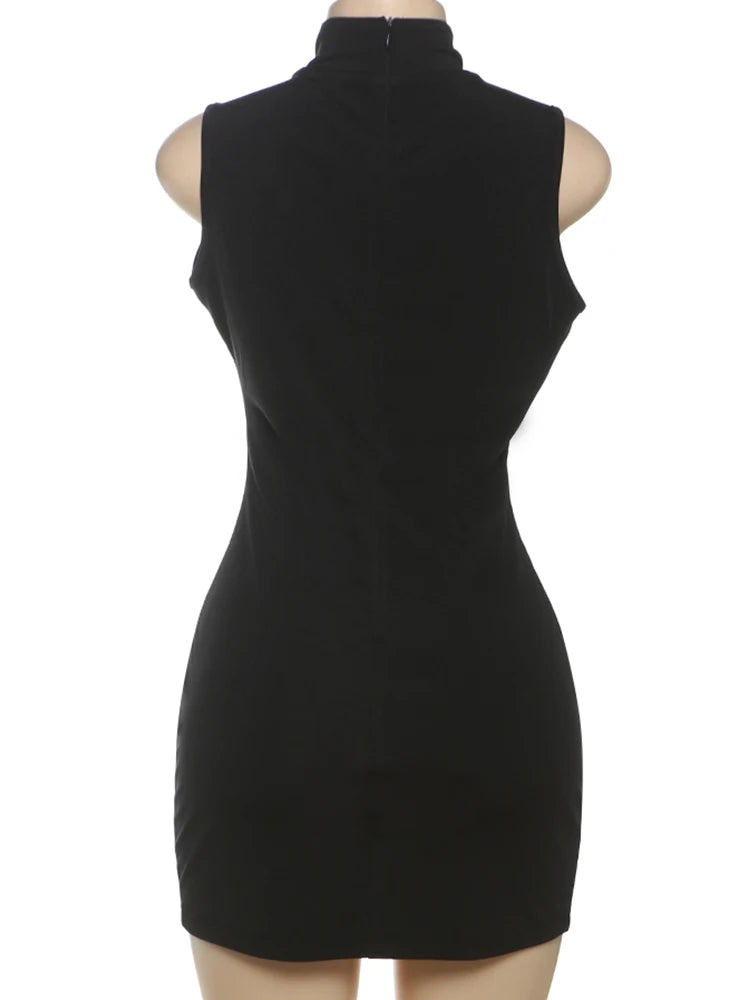 Nibber Metal Buckle Mini Dress Women Hollow Sleeveless Tight Sexy Summer Fashion Hipster Midnight Party Clubwear Solid Bodycon