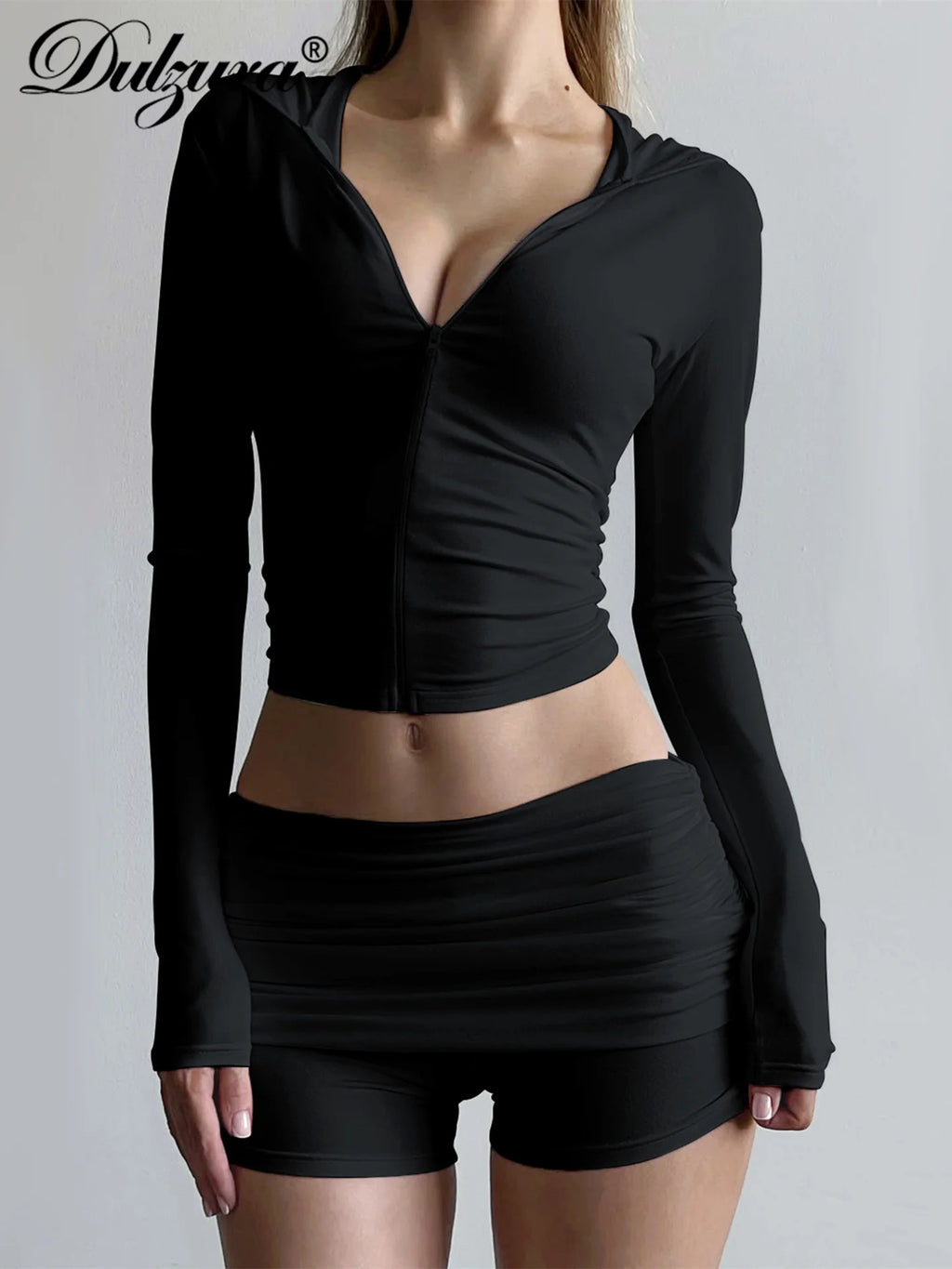 Dulzura Fashion Casual 2 Piece Shorts Set Long Sleeve Hooded Cardigan Ruched Ruched Slim Fit Pants Matching Set Party Sportswear