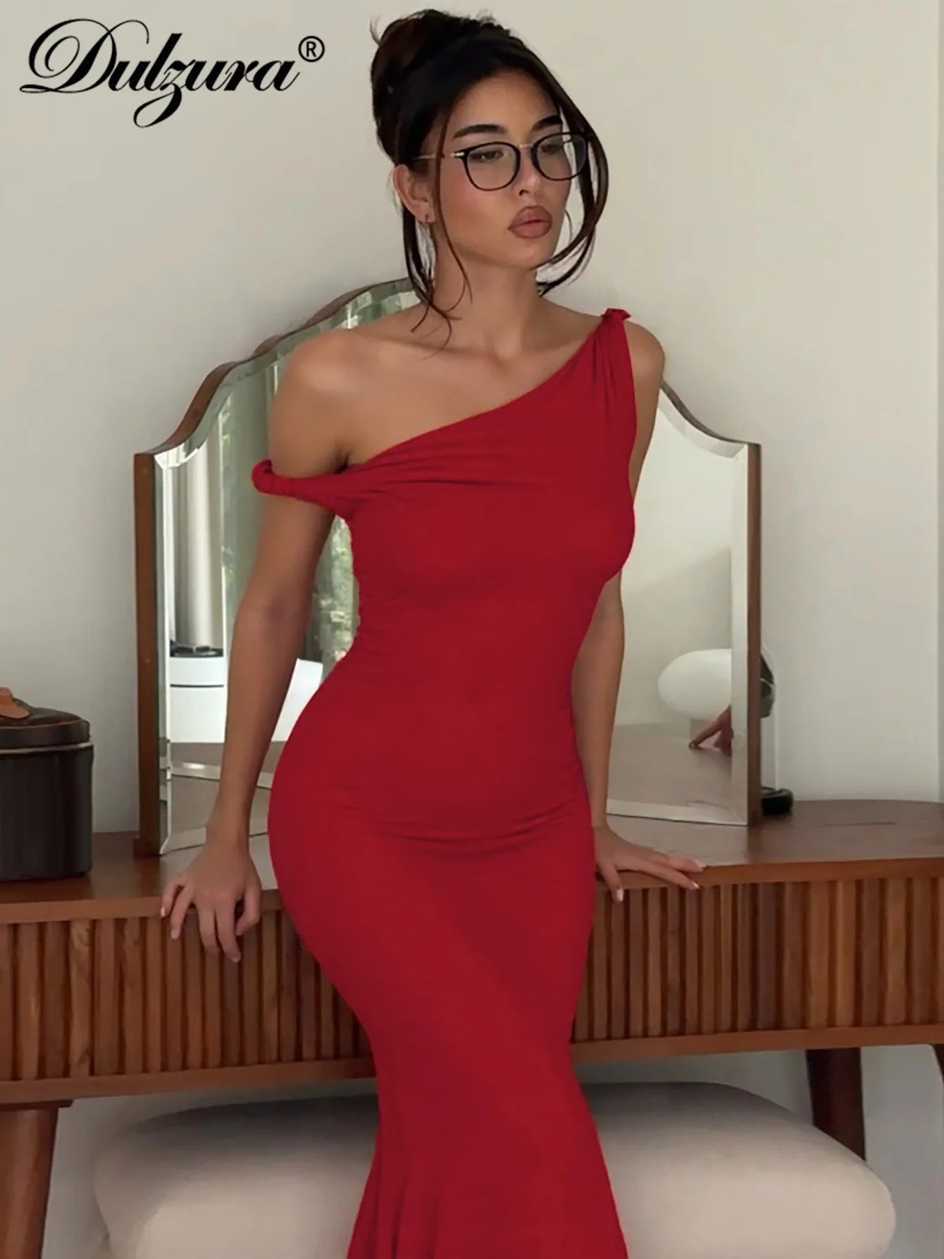 Dulzura Summer Fashion Sexy Inclined Shoulder Sleeveless Backless Slim Long Dress Women'S Solid Elegant Party Club Street Outfit