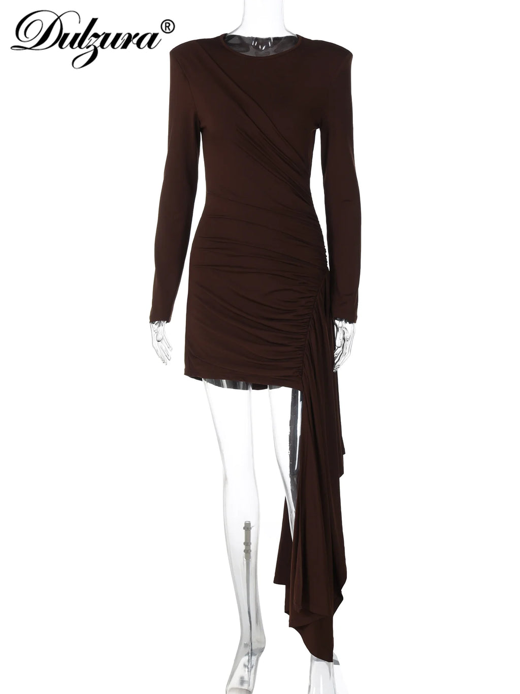 Dulzura O-Neck Long Sleeve Ruched Slim Fit Ribbon Mini Dress Ladies Fashion Sexy Elegant Clothes Party Club Street Autumn Outfit